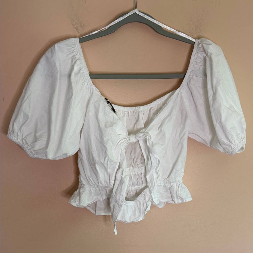White Puff Sleeve Smocked Peplum Crop Top - Picture 7 of 8